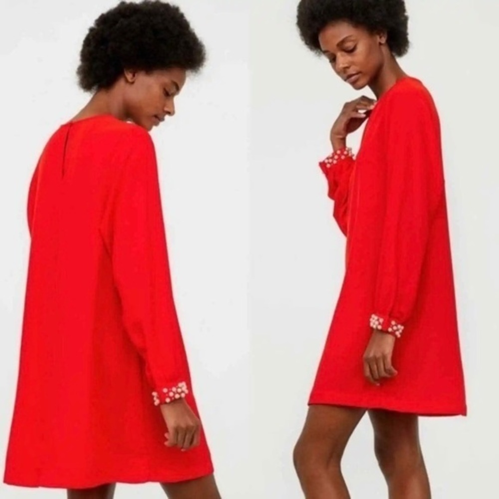 H&M Red‎ Mock Neck Pearl Cuff Shift Dress Size 6